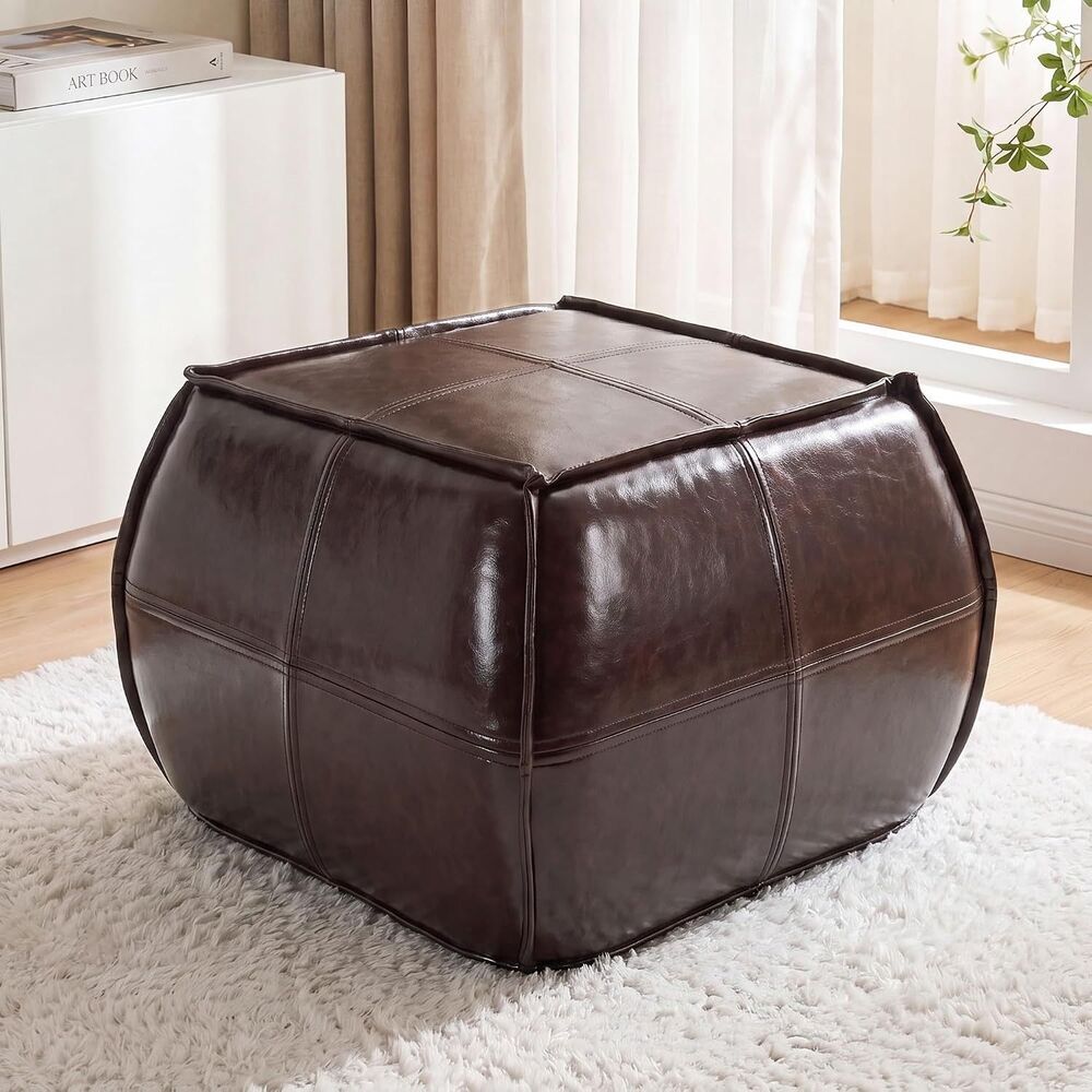 Square PU Leather Pouf Ottoman, 21" x 15" Handmade Stuffed Ottoman Pouf